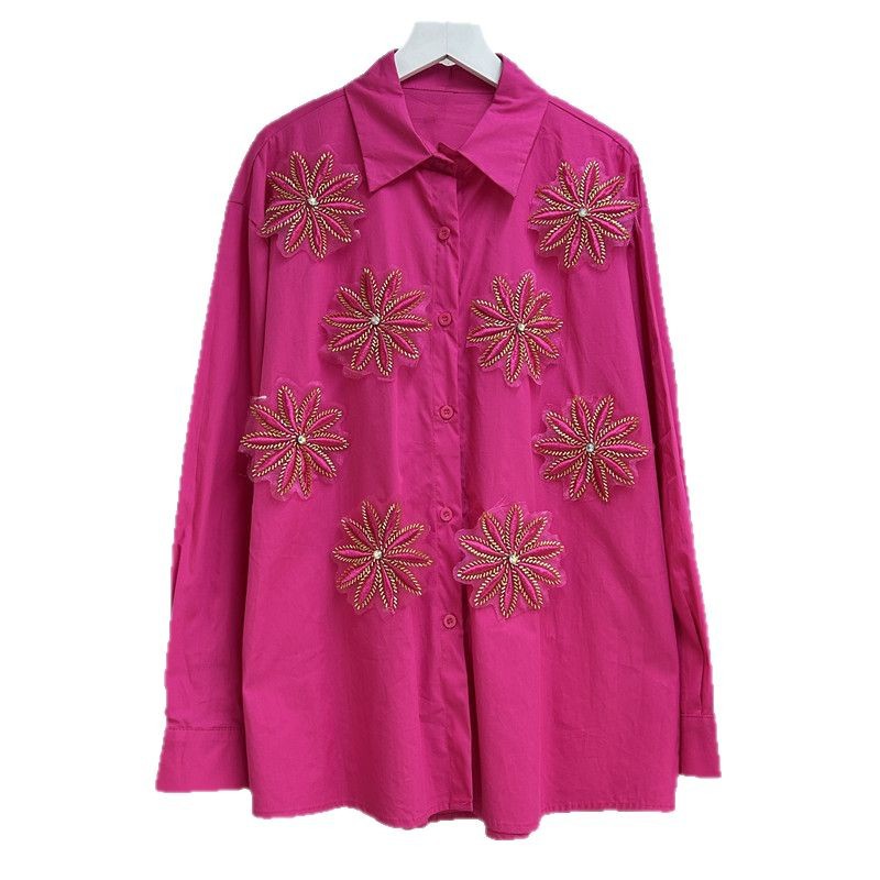 Embroidery Artwork - Blusas Femininas Vintage com Gola Reversa,