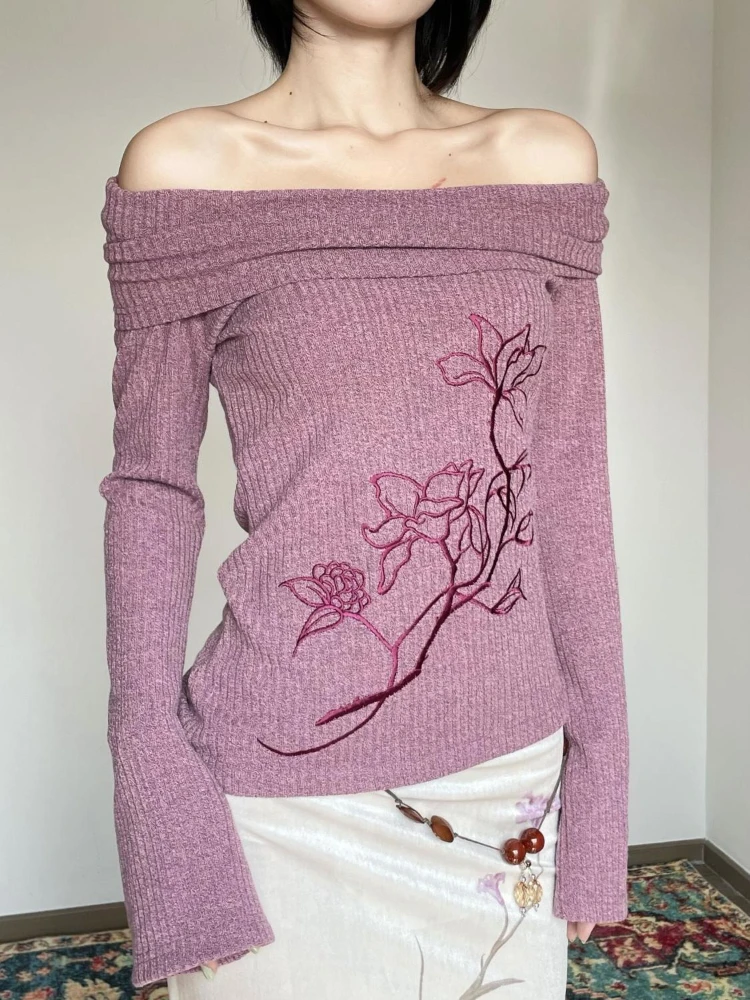Embroidery Thread Yarn - Suéteres Femininos Bordados com Flores Roxas,