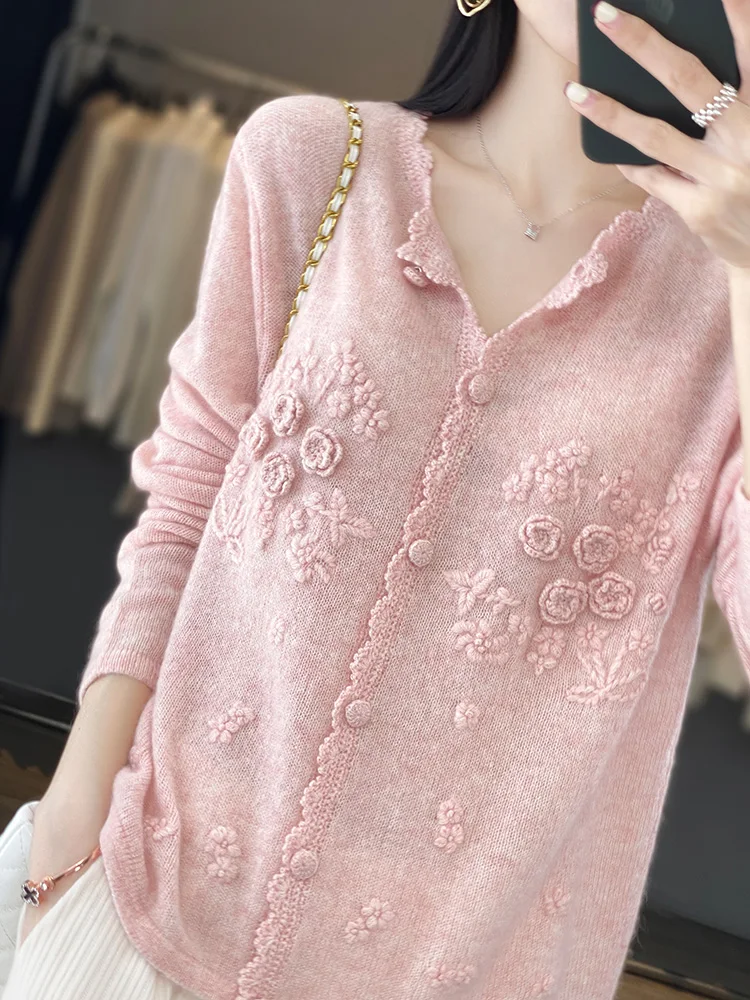 Embroidery Thread Yarn - Cardigan feminino 100% caxemira pura, gola